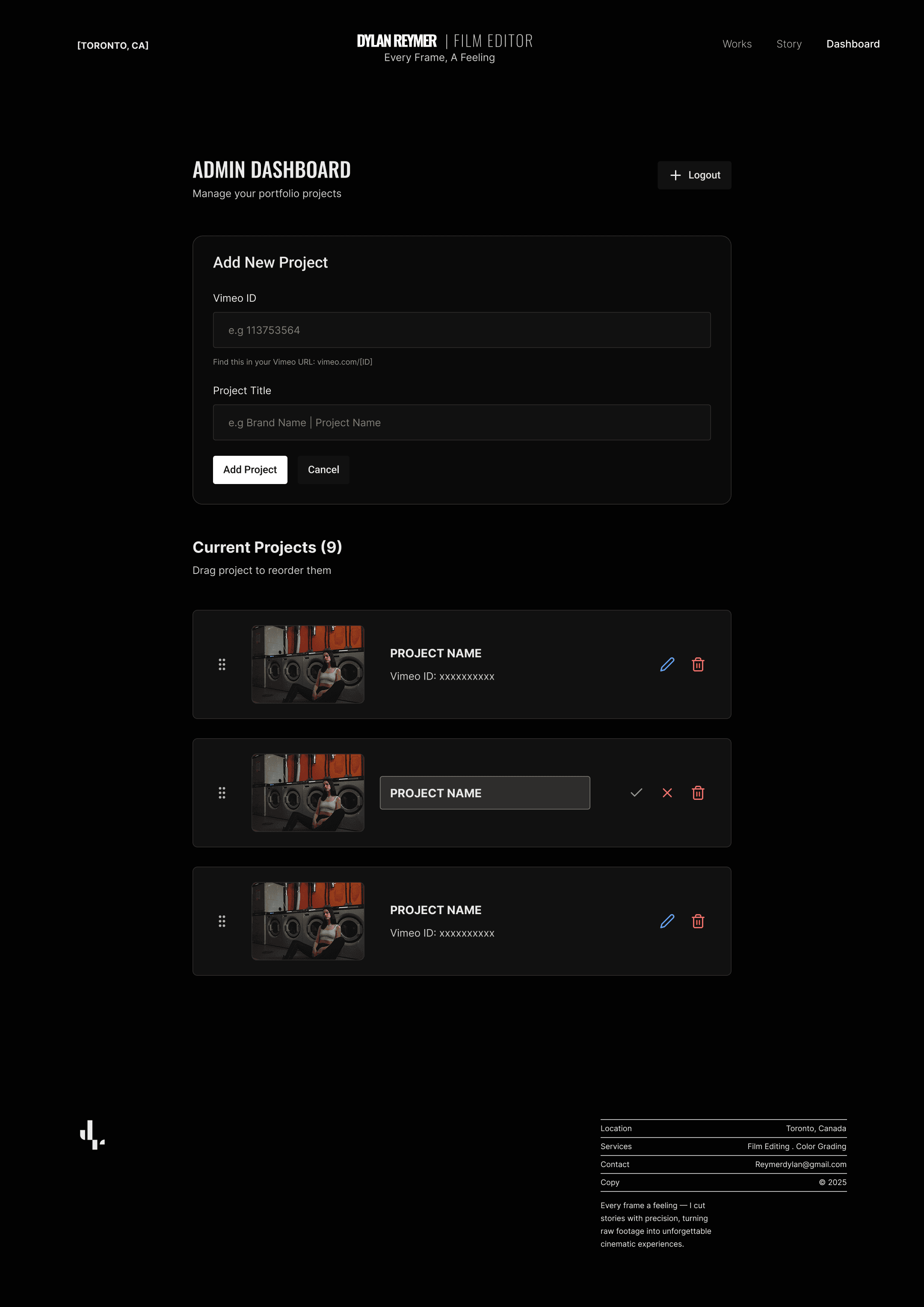 Dylan Reymer portfolio - admin dashboard for content management